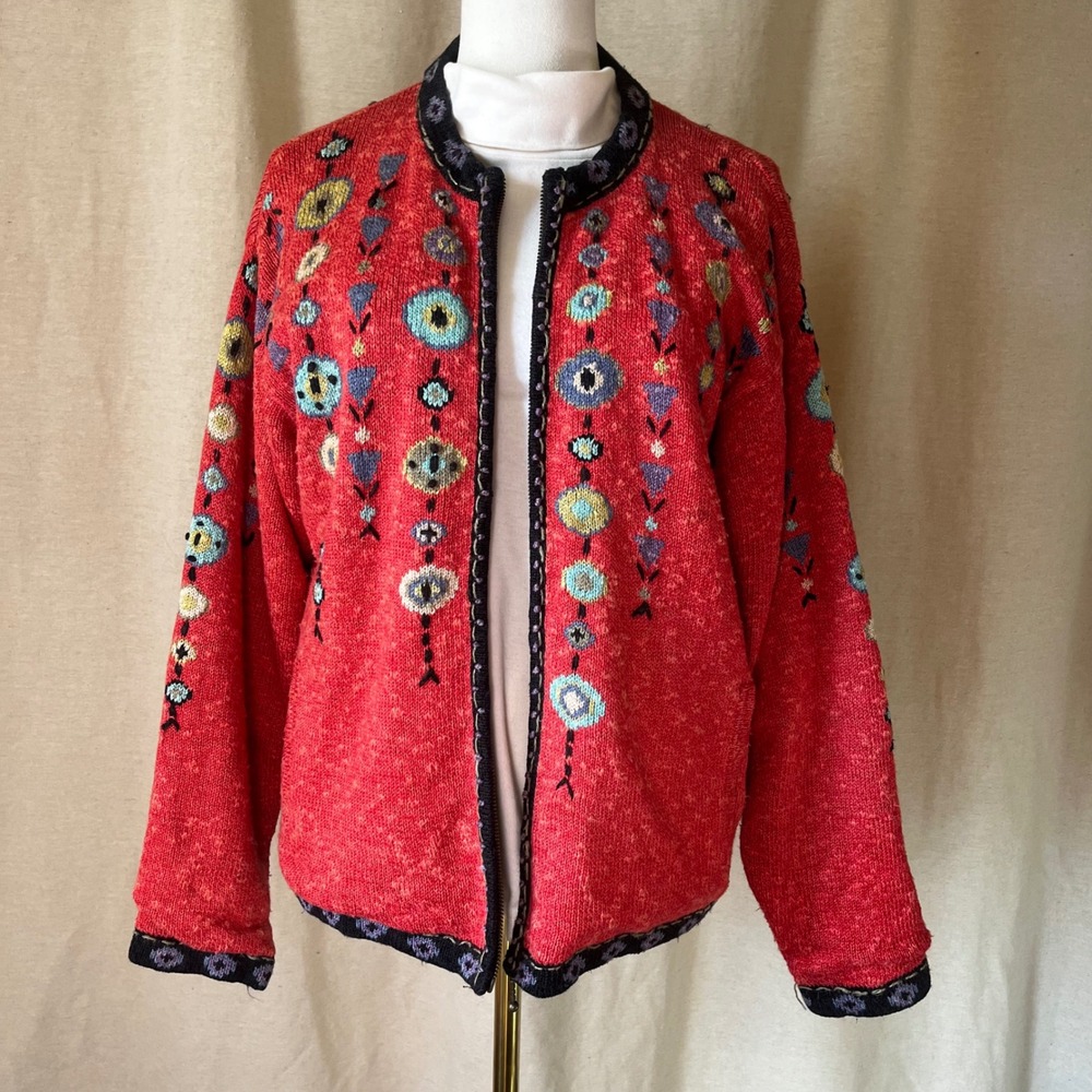 Icelandic‎ Design Embroidered Jacket Boho Floral Linen Blend M